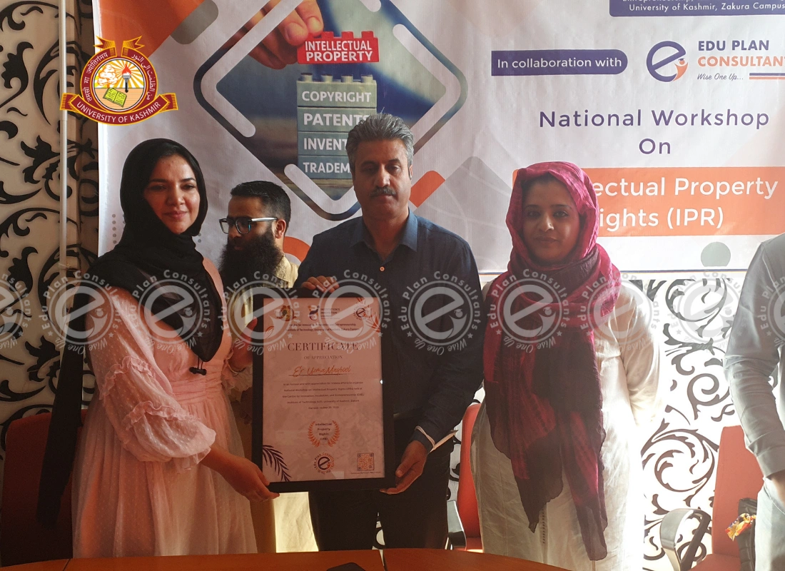 A certificate presentation during the National Workshop on Intellectual Property Rights (IPR), hosted by Kashmir University in collaboration with Edu Plan Consultants
