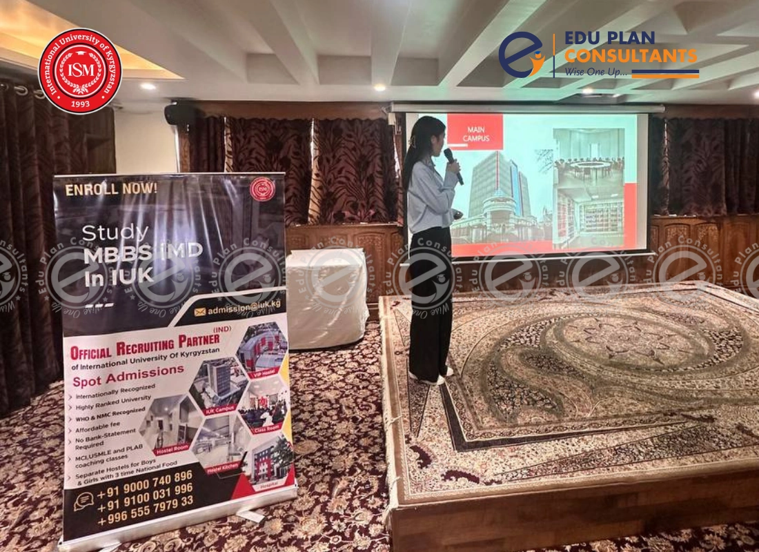 Students from Kashmir engage with a campus presentation by a delegate from the International University of Kyrgyzstan, hosted by Edu Plan Consultants at KABOO Hotel.