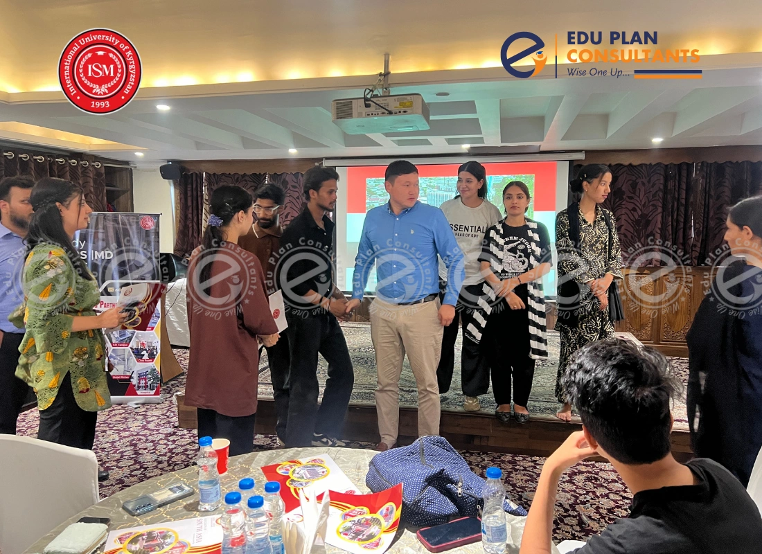 A delegation from the International University of Kyrgyzstan interacts with Kashmiri students during an event organized by Edu Plan Consultants, fostering dialogue on international education opportunities.
