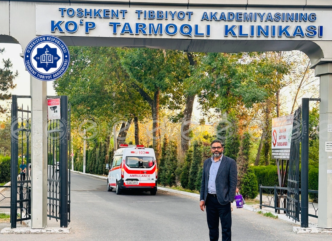 The Managing Director of Edu Plan Consultants during a visit to the Tashkent Medical Academy campus.