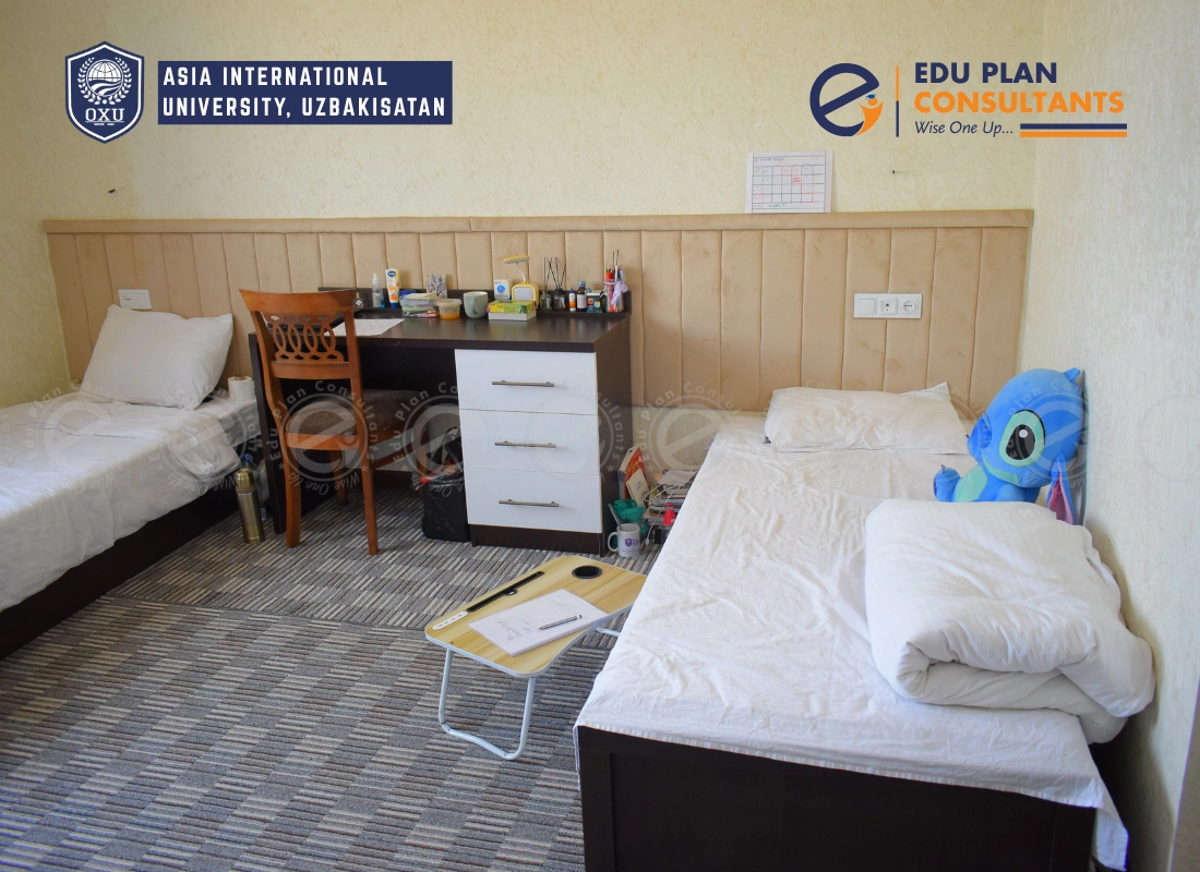 Clean and calming. The perfect study space in the Asia International University hostel.