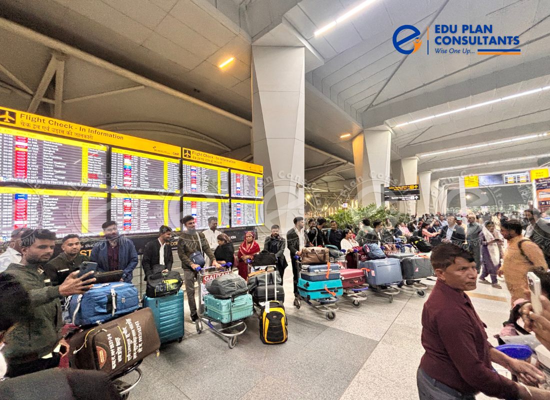 Students with Managing Director  from Edu Plan Consultants at the airport, preparing for their educational journey ahead.